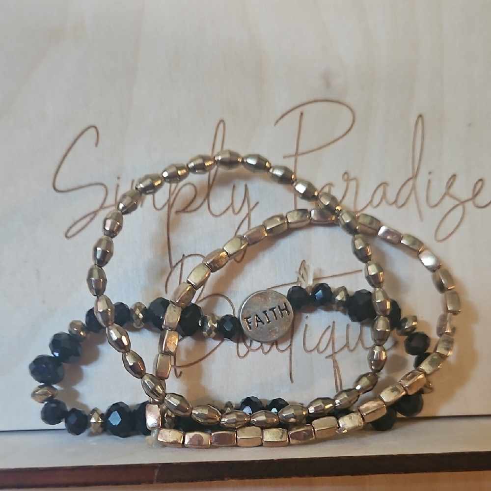 Gold and Black Beaded Bracelet Set Stackable Faith